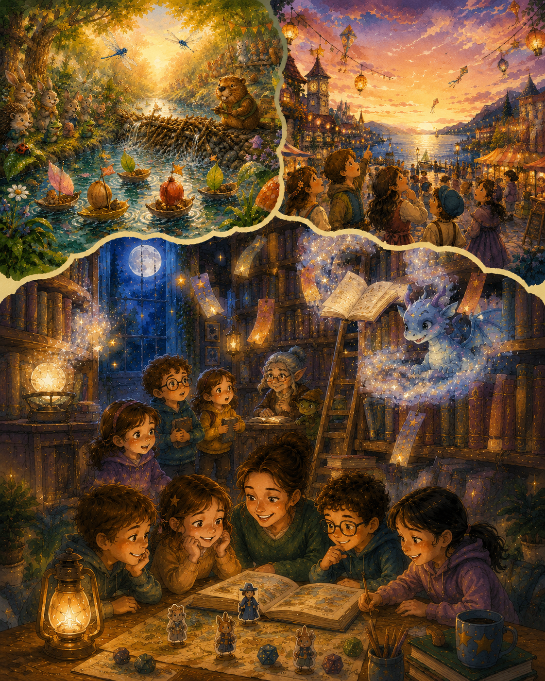 A magical collage of storybook scenes: dew boat races, cloud festival, and a starry library with children.